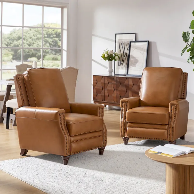 Mid-century Modern Genuine Leather Recliner with Nailhead Trim Set of 2