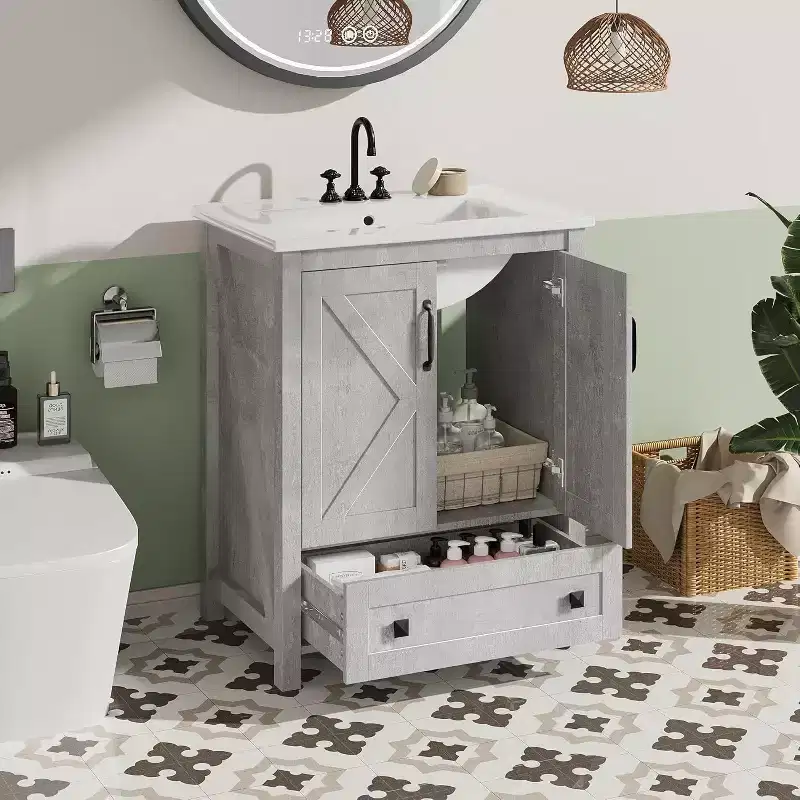 30 Inch Bathroom Vanity with Ceramic Sink, Freestanding Farmhouse Bathroom Cabinet with 2 Doors and 1 Drawer