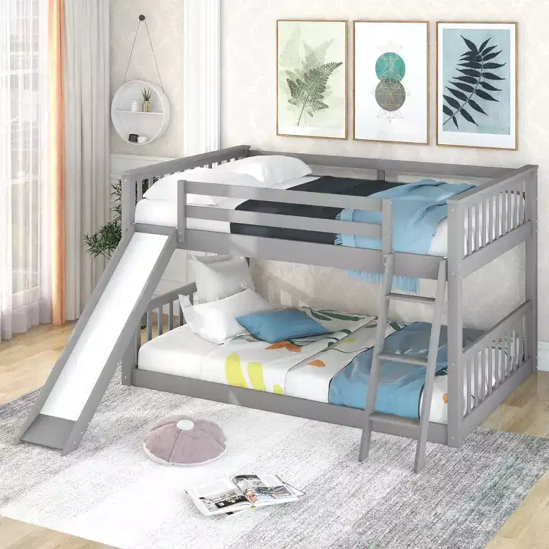 Okak 79.1IN Full-Over-Full Bunk Bed with Convertible Slide, Kids Bunk Beds with Guardrail and Ladder, Bed Frames for Kids Room, Play Room, Gray