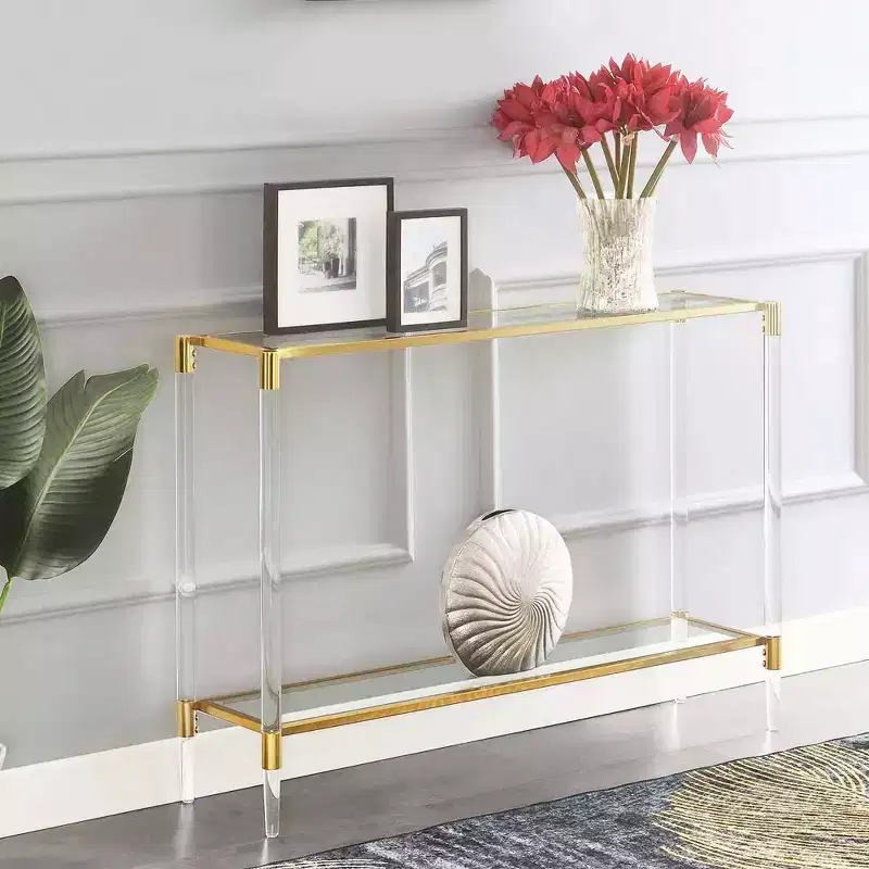 Breighton Home Royal Crest 2 Tier Acrylic Glass Console Table Gold/Glass: Chic Entryway Furniture, 12" Depth