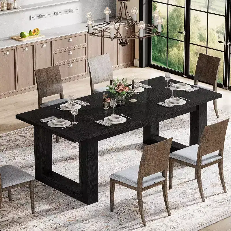 Farmhouse Dining Table for 4-6 People, 63-Inch Wood Kitchen Table, Rectangular Dinner Table for Dining Room, Living Room, Kitchen