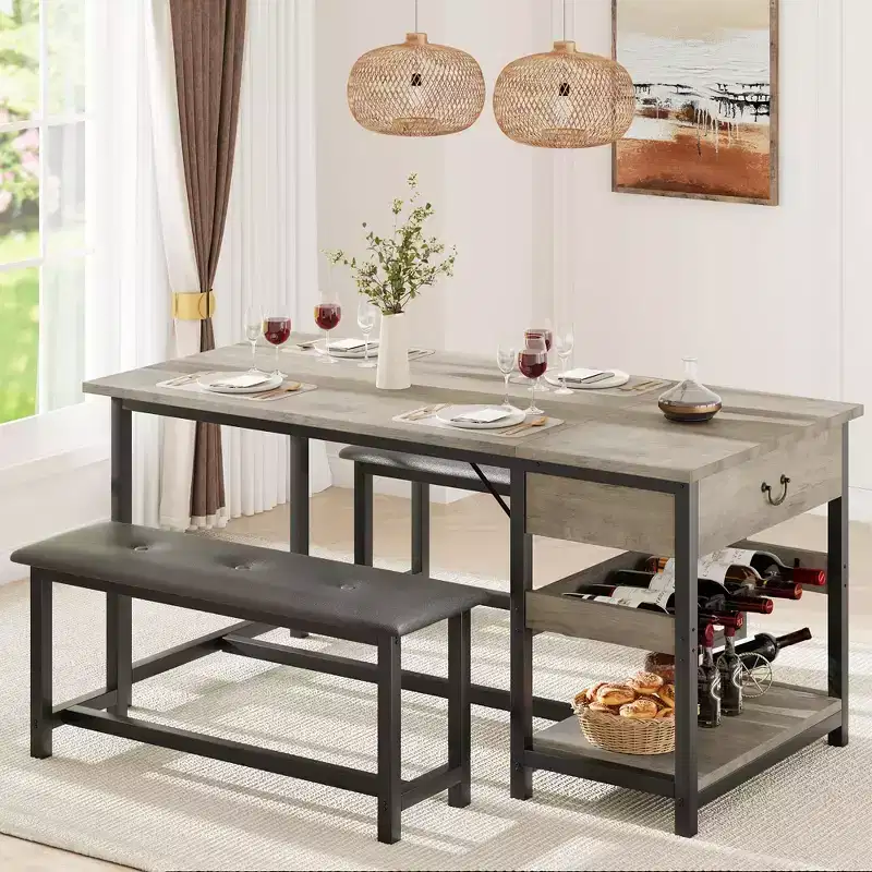 Dining Table Set for 4, Dining Room Table with Storage Drawers & Wine Rack, Kitchen Dining Table Set with Upholstered Benches for Dining Room-Grey