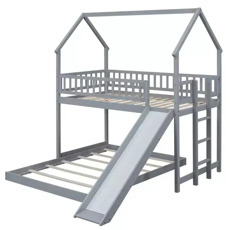 Whisen House Roof Design Twin over Full House Bunk Bed with Slide and Built-in Ladder