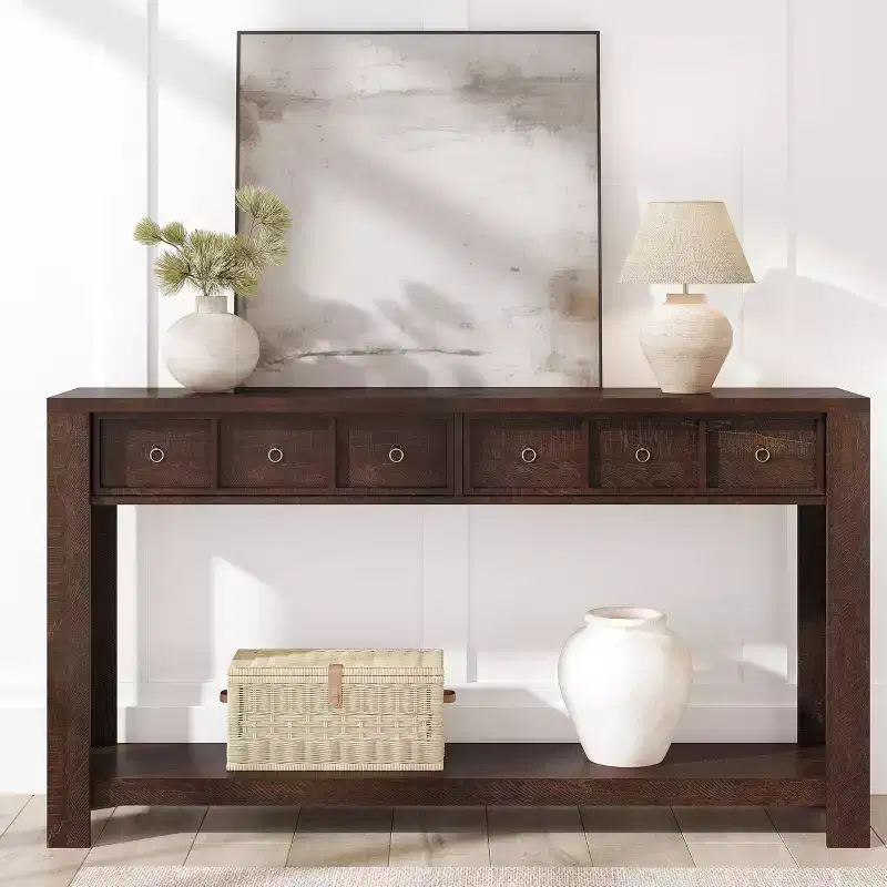 54-Inch Long Console Table, Wooden Entryway Table with 2 Drawers & Open Storage Shelf, Sofa Table Behind Couch, Farmhouse Entry Foyer Table