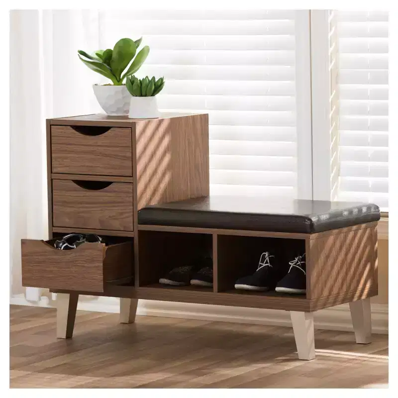 Arielle Modern and Contemporary Wood 3 - Drawer Shoe Storage Padded Leatherette Seating Bench with Two Open Shelves - Walnut Brown - Baxton Studio