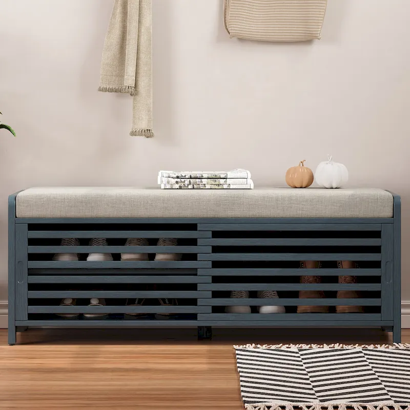 Entryway Bench Storage Shoe Bench w/ Cushion & Sliding Door, Shoe Cabinet Organizer for Living Room, 15.4 W x 43.3 D x 16.5 H