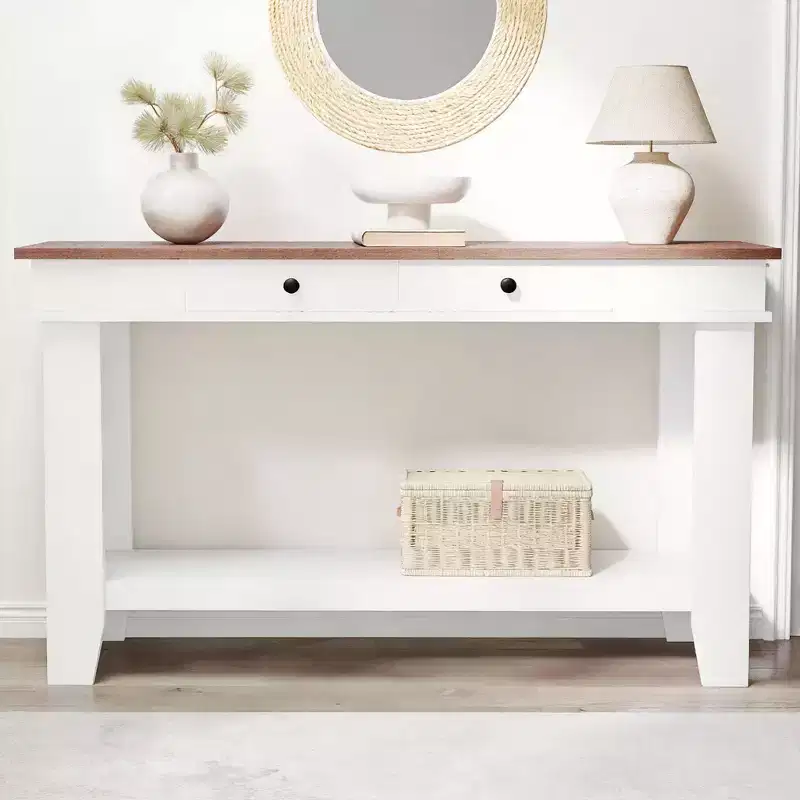 Farmhouse 54Inch Entryway Long Console Table w/ Drawers, Wooden Rectangular Entryway Tables w/Open Storage Shelf, Sofa Table Behind Couch, Foyer Table