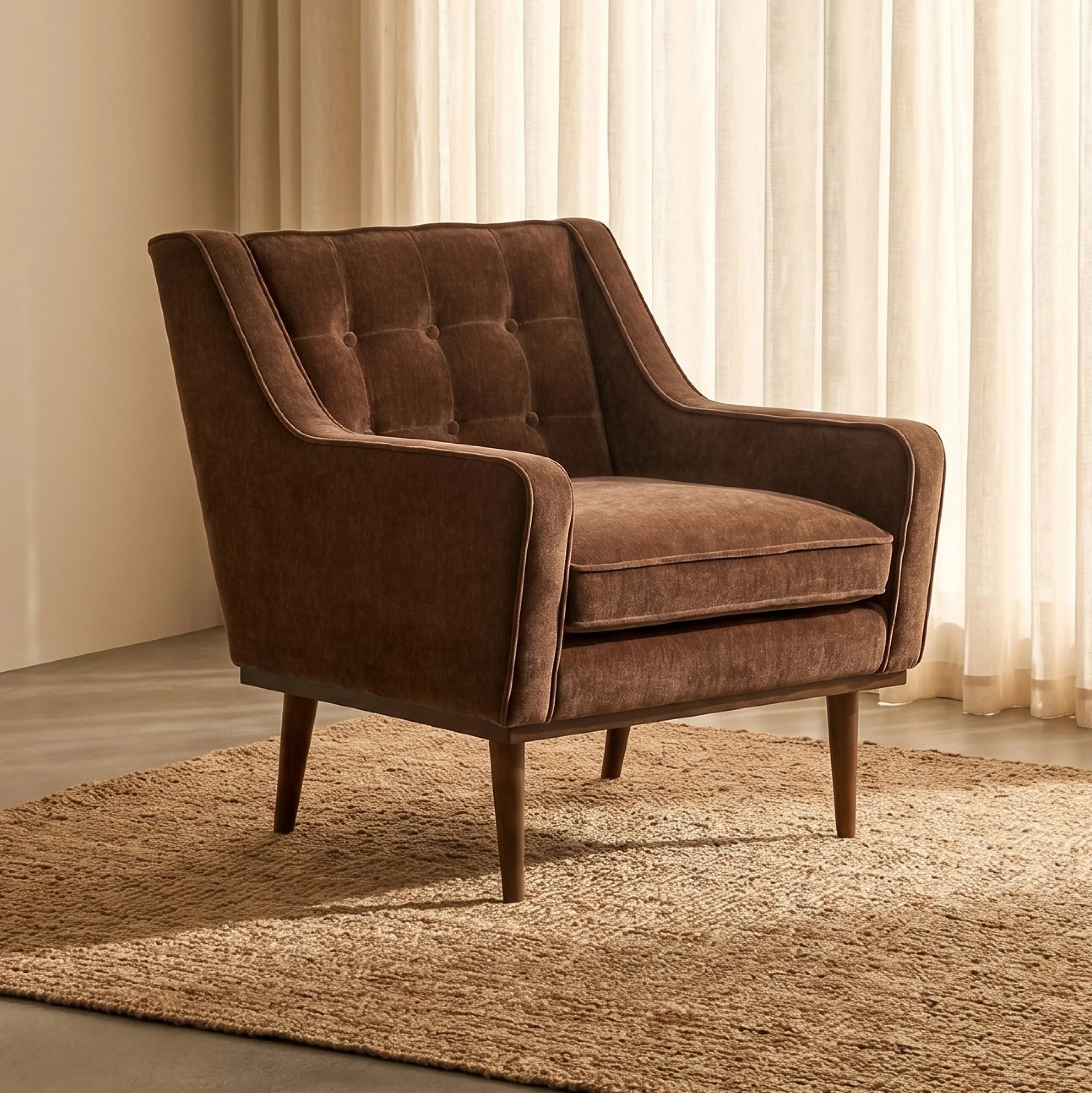 Mid-Century Modern Bronzer Brown Fabric Lounge Chair with Button