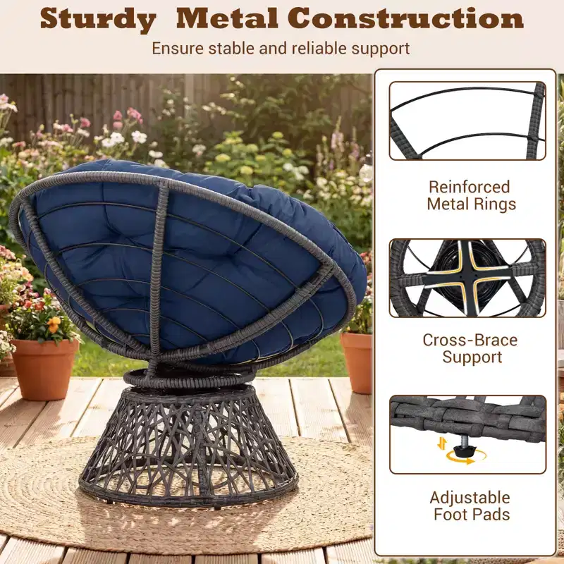 Gymax 360-DegreeSwivel Papasan Chair Round Wicker Lounge Chair w/Thick Cushion&Metal Frame