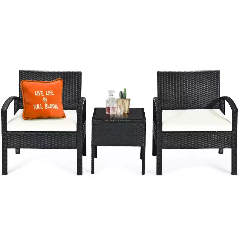 Costway 3PCS Patio Rattan Furniture Set Table & Chairs Set with Thick Cushions Garden