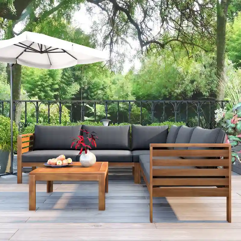 4-Piece Acacia Wood L-Shaped Sectional Sofa Set with Table