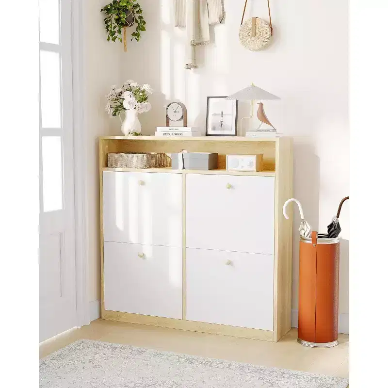 Modern Shoe Storage Cabinet with 4 Flip Drawers, Space-Saving Shoe Organizer with Wooden Handles for Entryway, Hallway or Bedroom