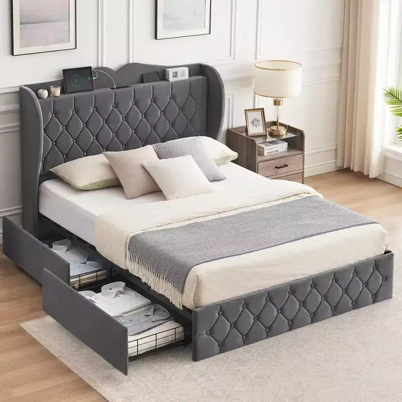 Velvet Platform Bed with 4 Storage Drawers & Charging Station, Tall Headboard