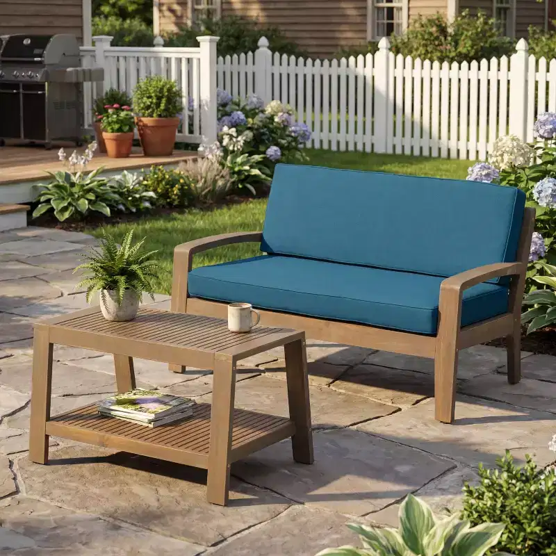 Christopher Knight Home Jela Transitional 2 Piece Patio Acacia Wood Loveseat and Coffee Table Set with Cushions