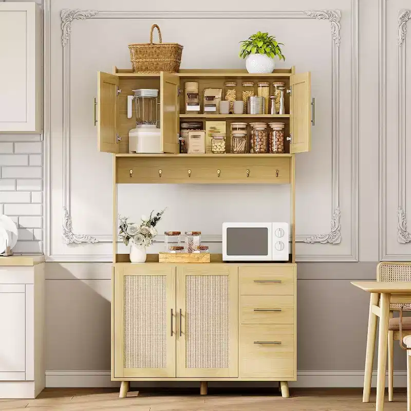 Acekool 71 Tall Rattan Kitchen Pantry Cabinet, Boho Hutch with Microwave Shelf, Drawers, Hooks, Storage for Dining Room, Natural