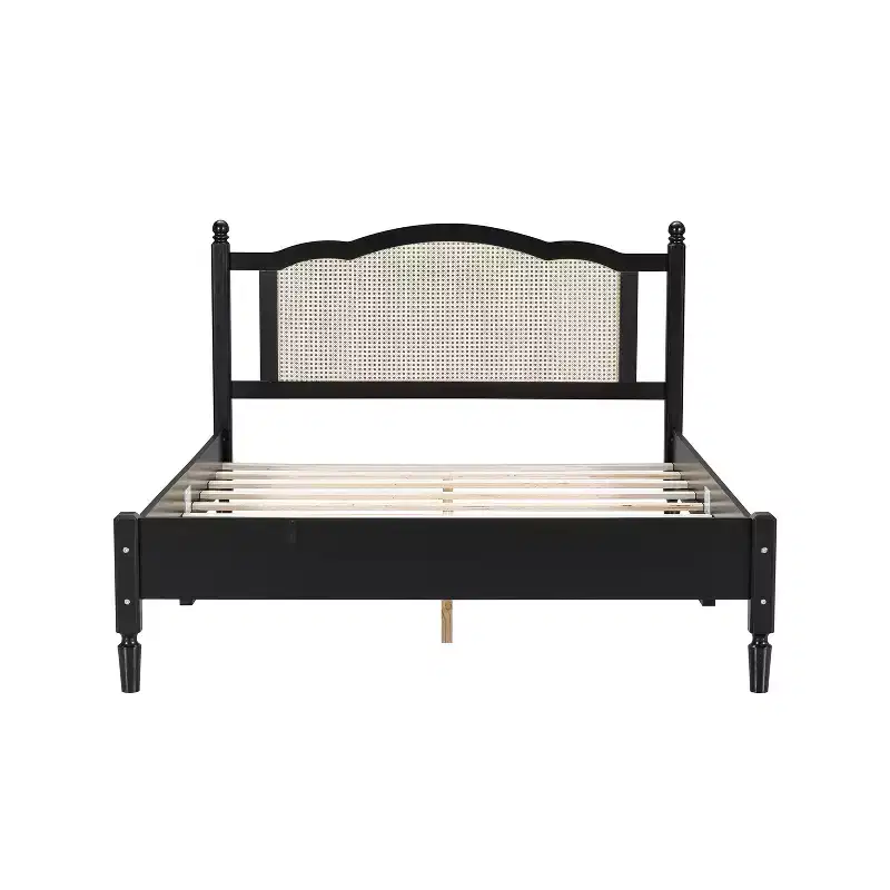 FAMYYT Queen Size Wooden Platform Bed with Natural Rattan Headboard and Wooden Slat Support, Easy Assembly