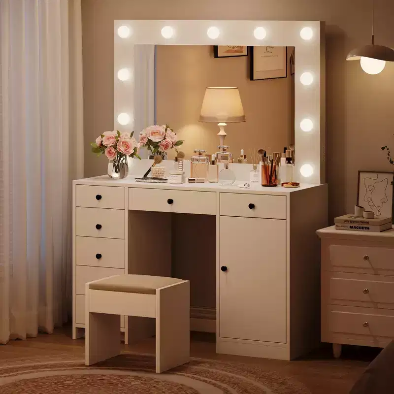 White Vanity Desk with Mirror and Light, Makeup Vanity Table with Charging Station, Storage Drawer Cabinet, Modern Wooden Dressing Table for Bedroom