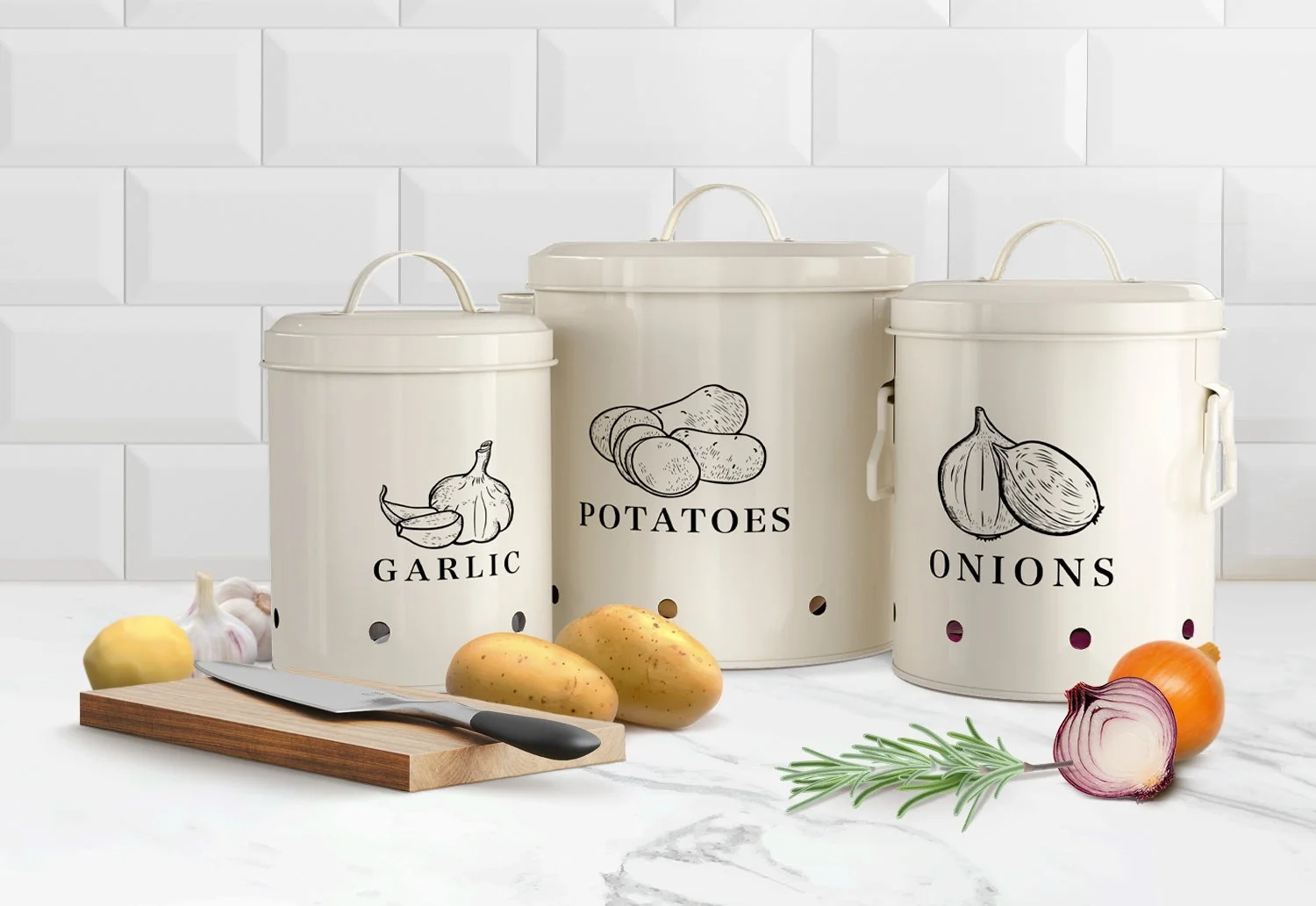 Potato, Onion & Garlic Kitchen Storage Canisters, Set of 3