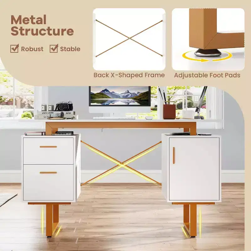 51 Home Office Desk with Floating Desktop Dual Drawers Cabinet & Metal Frame