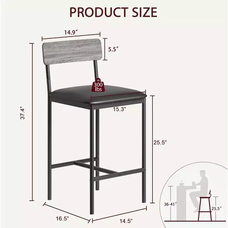 Bar Stools Set of 4, 25.5 Leather Barstools, Modern Counter Height Stools with Back and Metal Legs, Counter Chairs for Kitchen Island