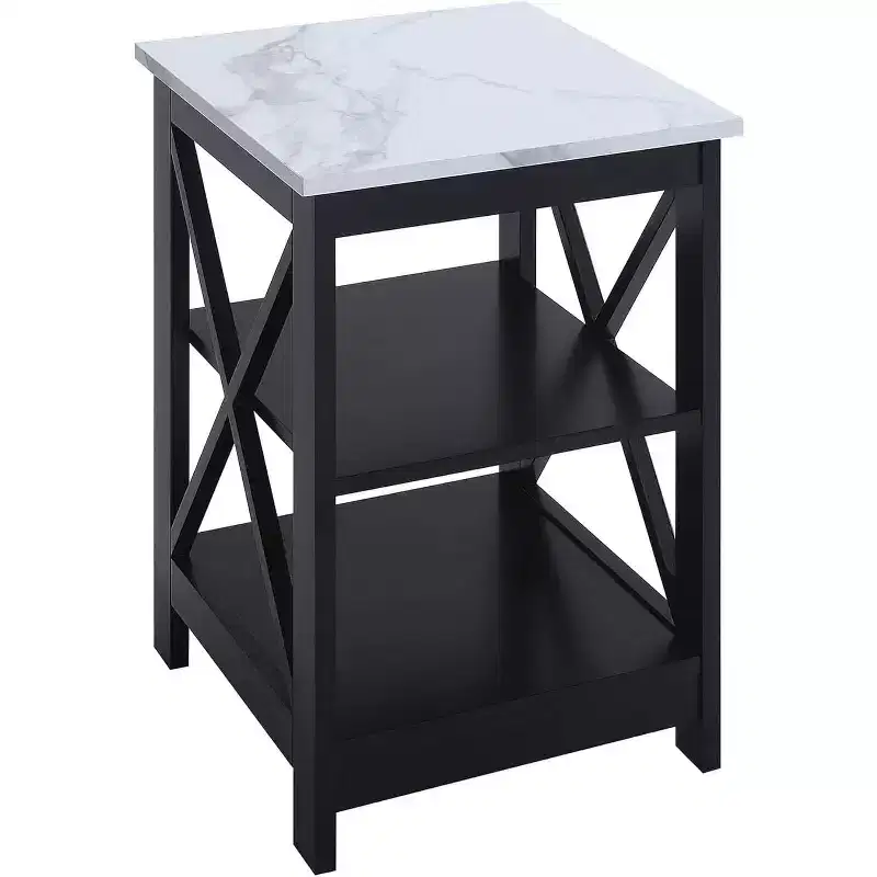 HomeStock Belmont End Table with Three Open Shelves and X Frame Panels, Transitional Storage Side Table for Coastal or Farmhouse Style Dcor
