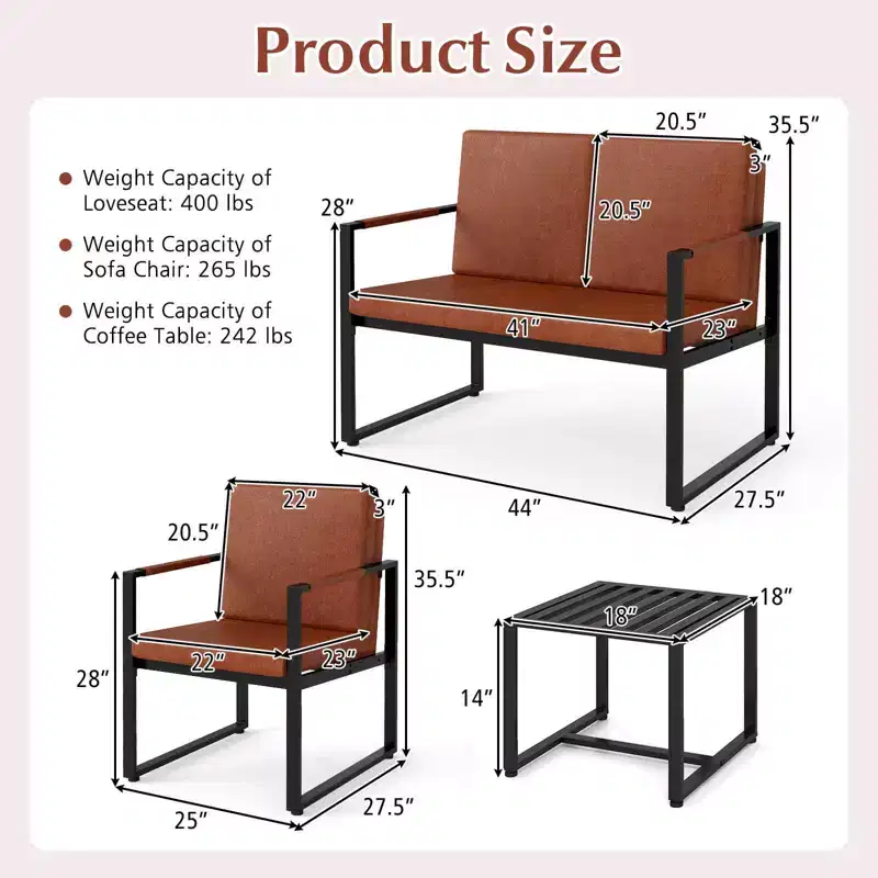 Modern 2-Seater Loveseat Sofa with Solid Metal Frame & Removable Back Cushions, Brown/Gray + Black