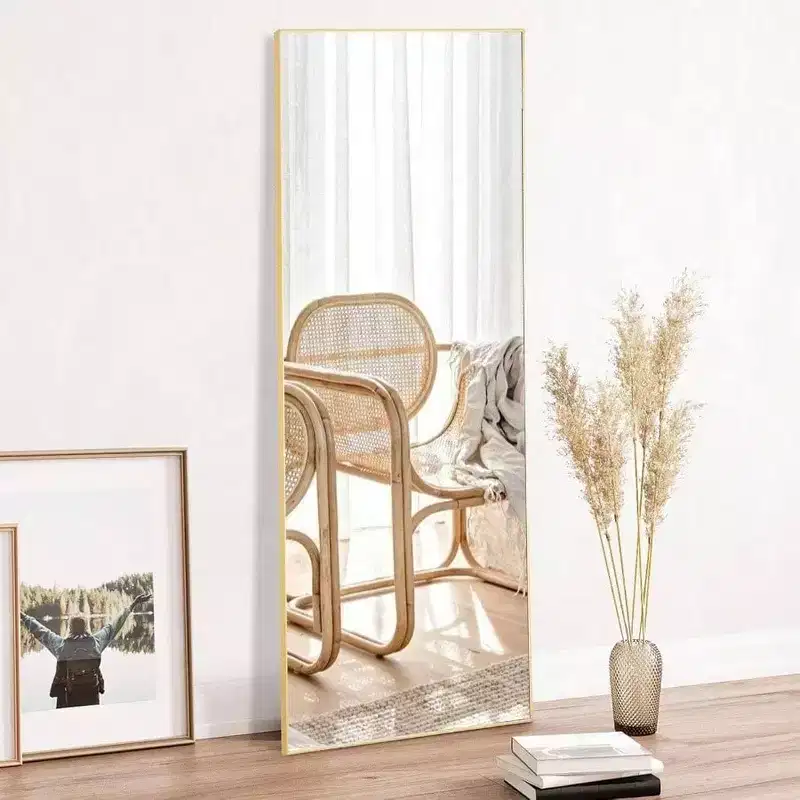 Gold Full Body Mirror, 59x16 Inches with Stand. Aluminum Frame for Wall Hanging, Leaning, or Free Standing in Any Room