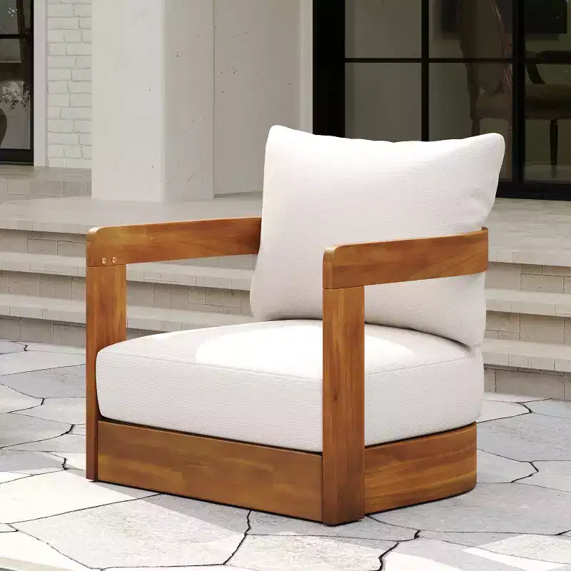 Premium Acacia Wood Outdoor Club Chair with Curved Tub Design, Water-Resistant Cushions, for Patio