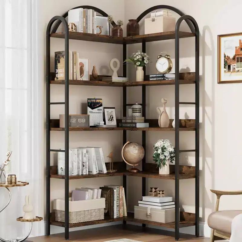 Industrial Corner Bookcase, 5-Tier L-Shaped Shelf, Arched Corner Bookcase with Metal Frame, Large Bookcase for Living Room and Bedroom