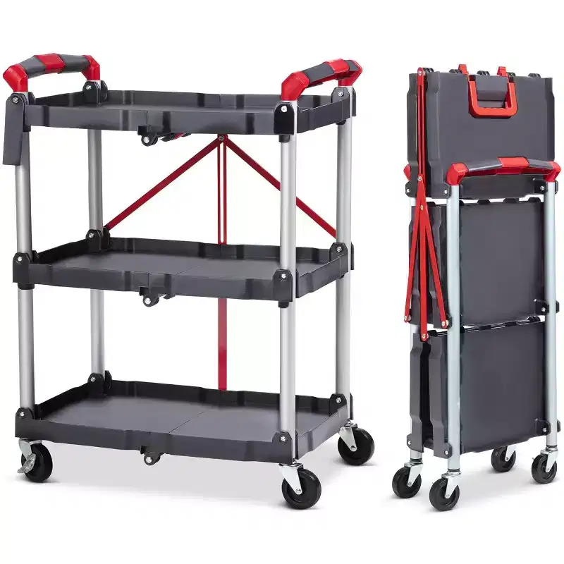 3-Tier Foldable Utility Cart with Wheels, Portable Rolling Storage Trolley, 167 lbs Load Capacity, No-Assembly Organizer for Office, Home, Garage, Warehouse