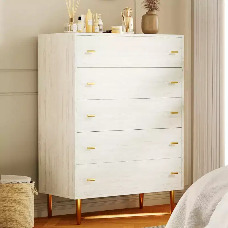 Bedroom vanity with spacious drawers and bar handles, featuring a natural wood grain finish. Suitable for living rooms, hallways, and entryways.