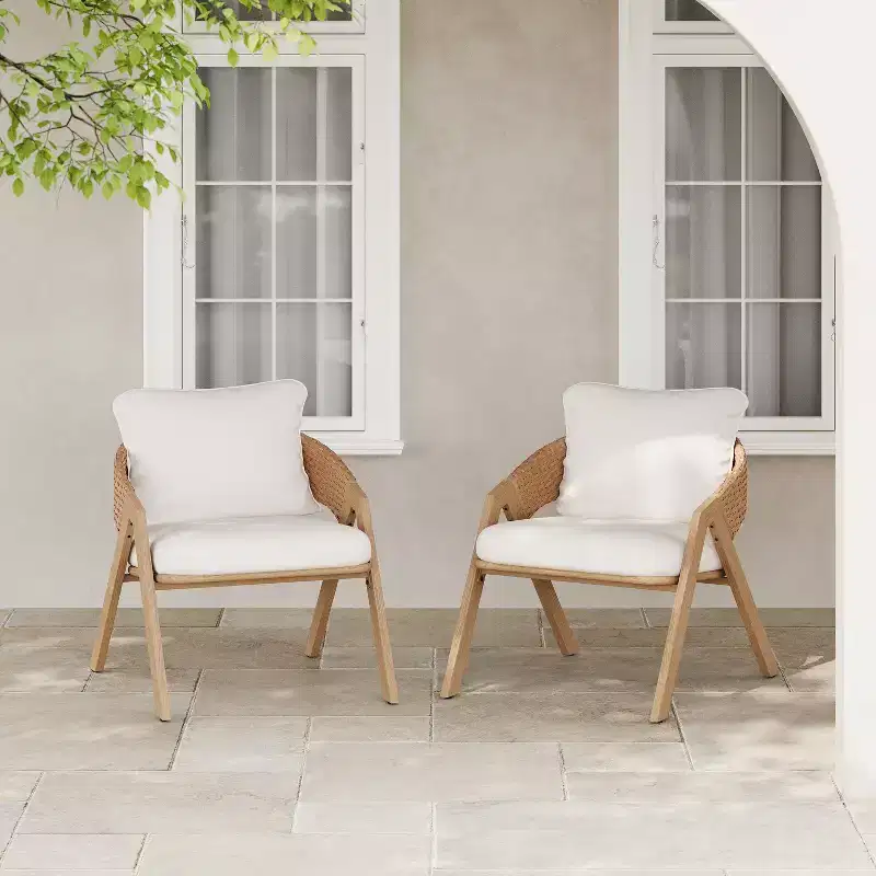 Christopher Knight Home Kaia Patio Modern Metal & Rattan Upholstered Accent Chairs with Faux Wood Finish (Set of 2)