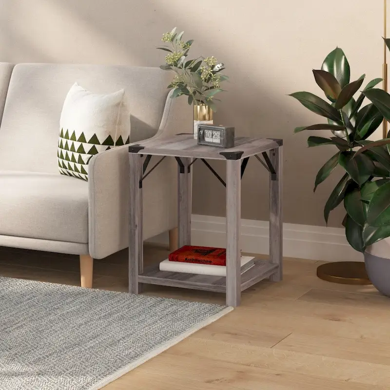 2-Tier Side Table with Metal Side Braces and Corner Caps
