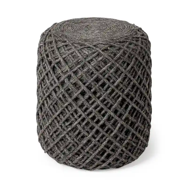 Handwoven Brown Wool Round Pouf with Diamond Weave Pattern