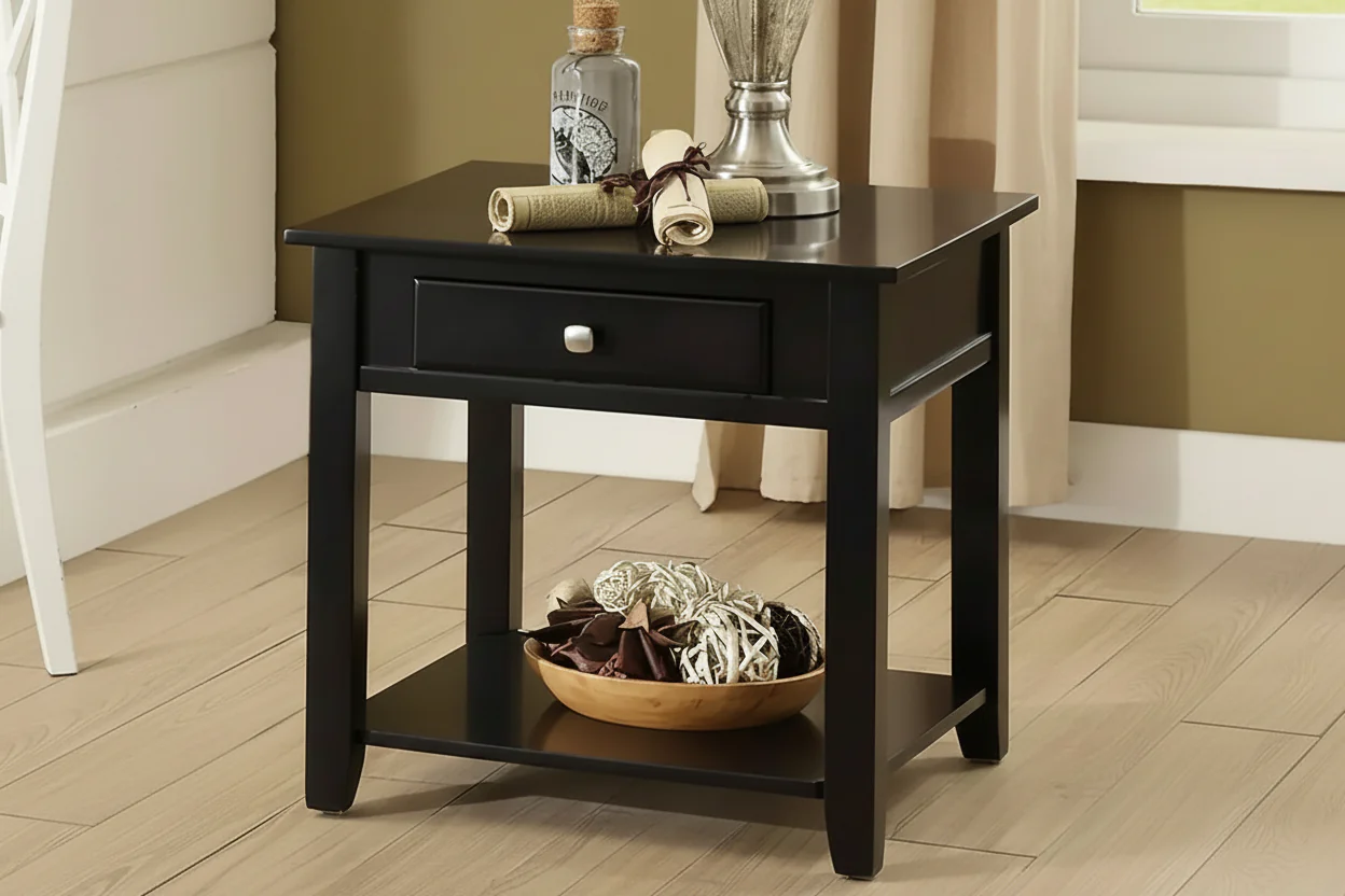 22-inch Black Side Table - Adjustable desktop, storage space, tapered legs, shelving