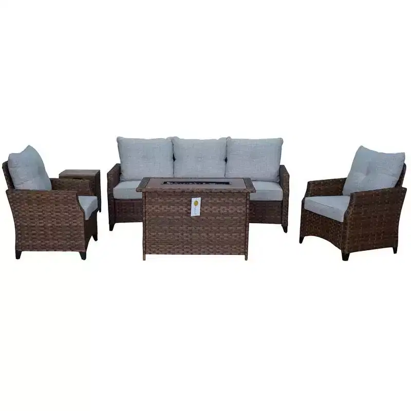 Courtyard Casual Costa Mesa 5 pc Sofa Set - Brown One Sofa, Two Club Chairs, One End Table, & One Fire Pit frame with solution dyed Poly fabric