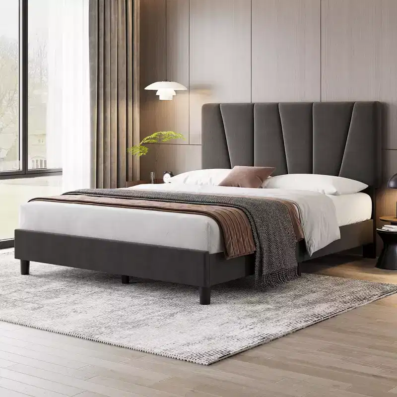Full Size Adjustable Headboard Bed Frame, Linen Upholstered Platform Bed with Sturdy Wooden Slats, Mattress Foundation, No Box Spring Needed