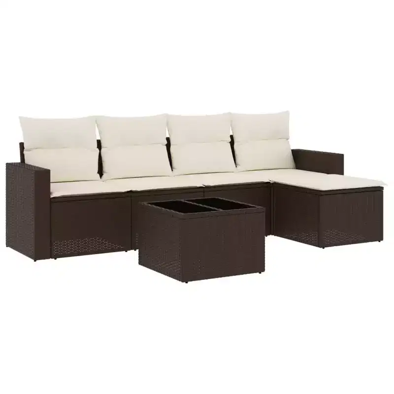 vidaXL 6 Piece Patio Sofa Set with Cushions Poly Rattan - Brown and Cream With Table