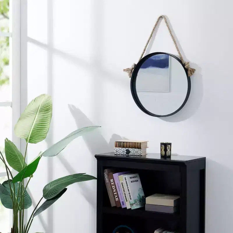 Black Iron Framed Round Accent Mirror with Hanging Rope - 15 in. or 18 in.