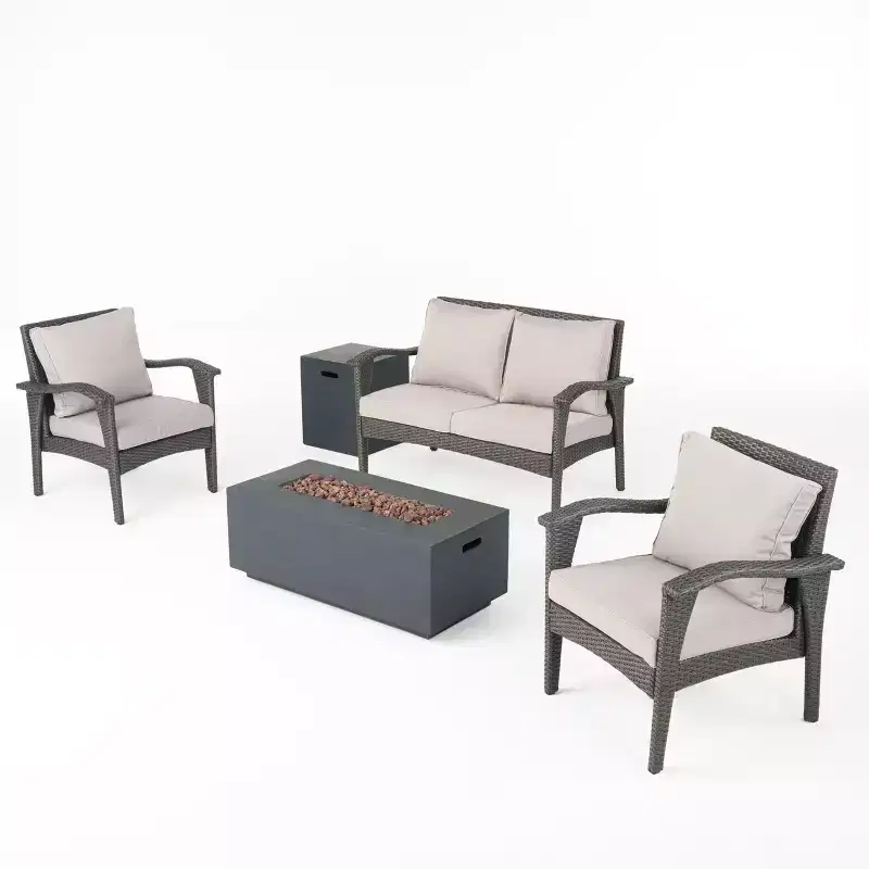GDFStudio Lucerne Outdoor Wicker 4 Seater Chat Set with Fire Pit