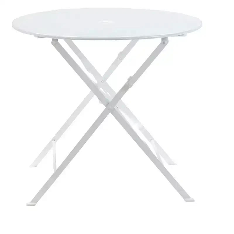 HomeRoots 30 White Rounded Aluminum Folding Outdoor Bistro Table with Umbrella Hole