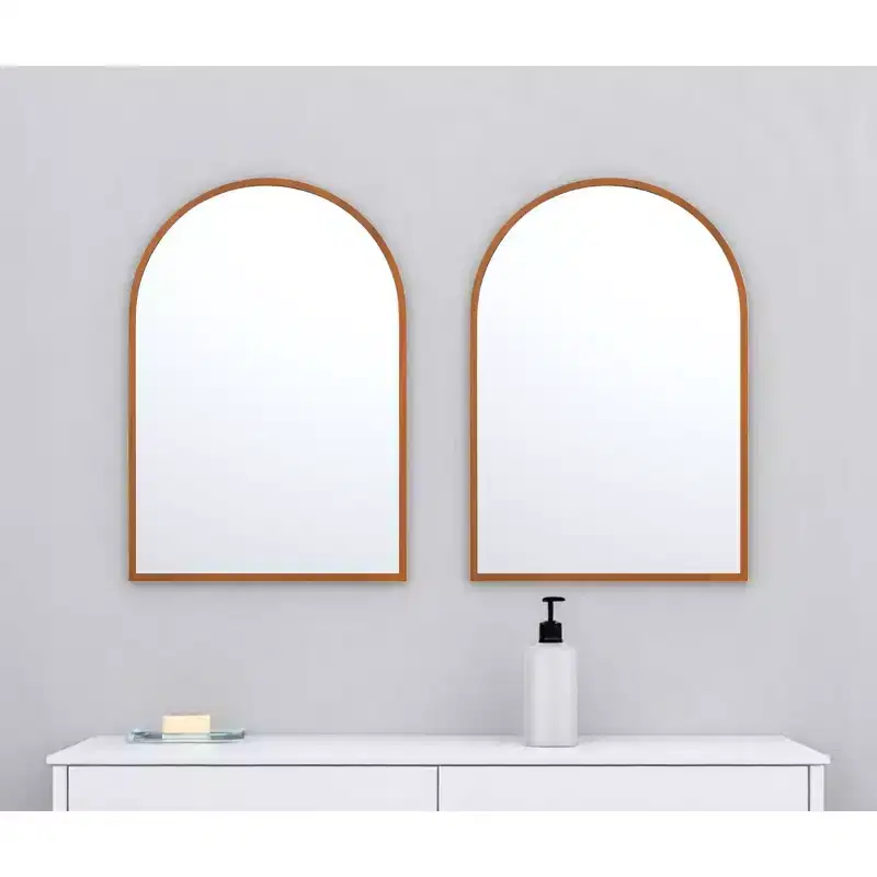 Set of Two Walnut Arch Wood Framed Bathroom Vanity Mirrors