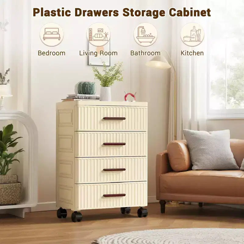 Plastic Drawer Storage On Wheels, Multifunctional Drawer Storage, Pull Out Storage Bins, Easy Assembly, for Bedroom, Office, Living Room