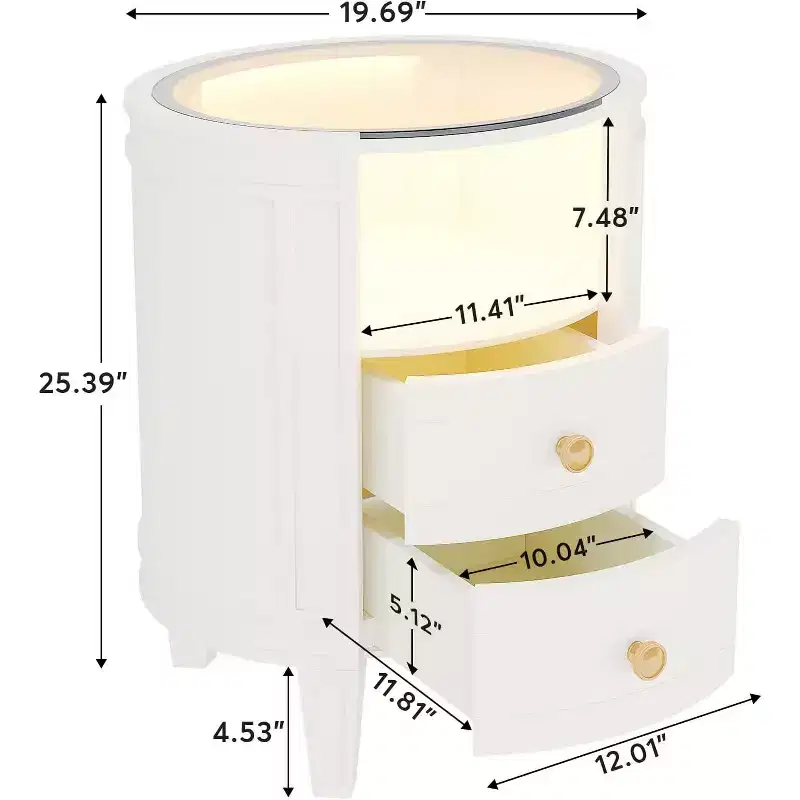 Lantine Oval Nightstand: No Assembly, 2-Drawer LED, Glass Tabletop, Modern White Round Side Table for Bedroom