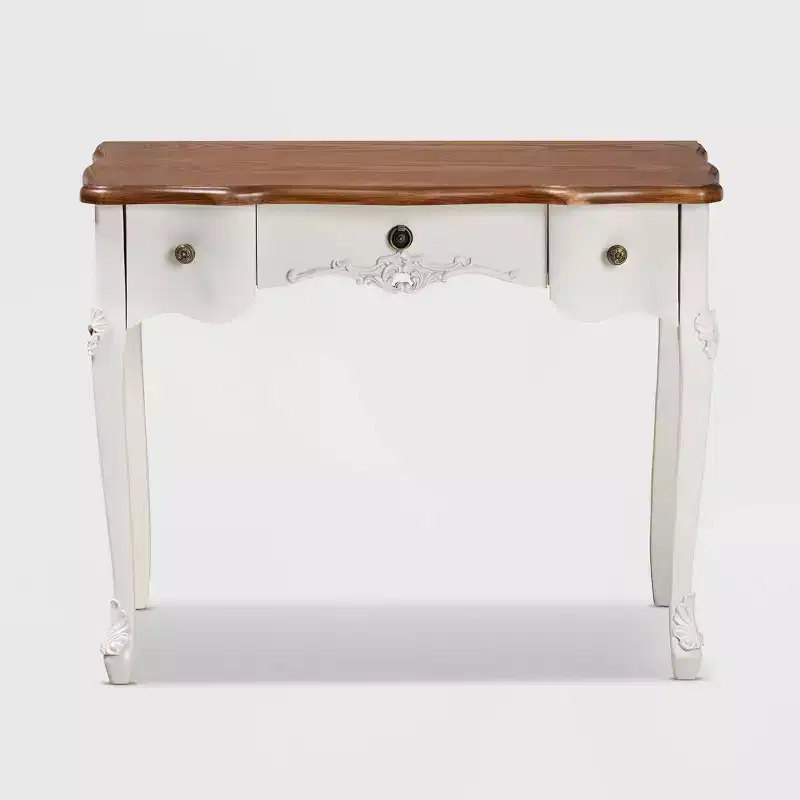 Sophie Small 3 Drawer Console Table: Carved Detail, Brass Knobs - Baxton Studio
