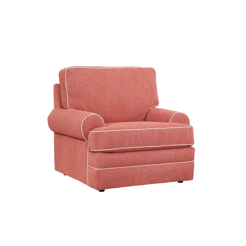 Coastal Round Accent Chair, Coral Linen-Look Fabric, Reversible Cushions, Living Room