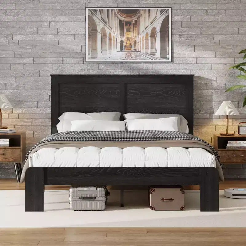 Bed Frame, Full/Queen/King Size Wood Platform, Noise Free,No Box Spring Needed and Easy Assembly Tool,Large Under Bed Storage,Dark Black