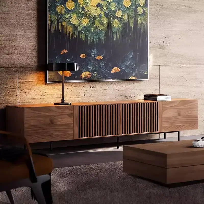 Mid-Century Modern TV Stand 94.48 Inch Console for TVs up to 100 Inch, with Cabinets, Wood Doors and Metal Frame, Walnut Color