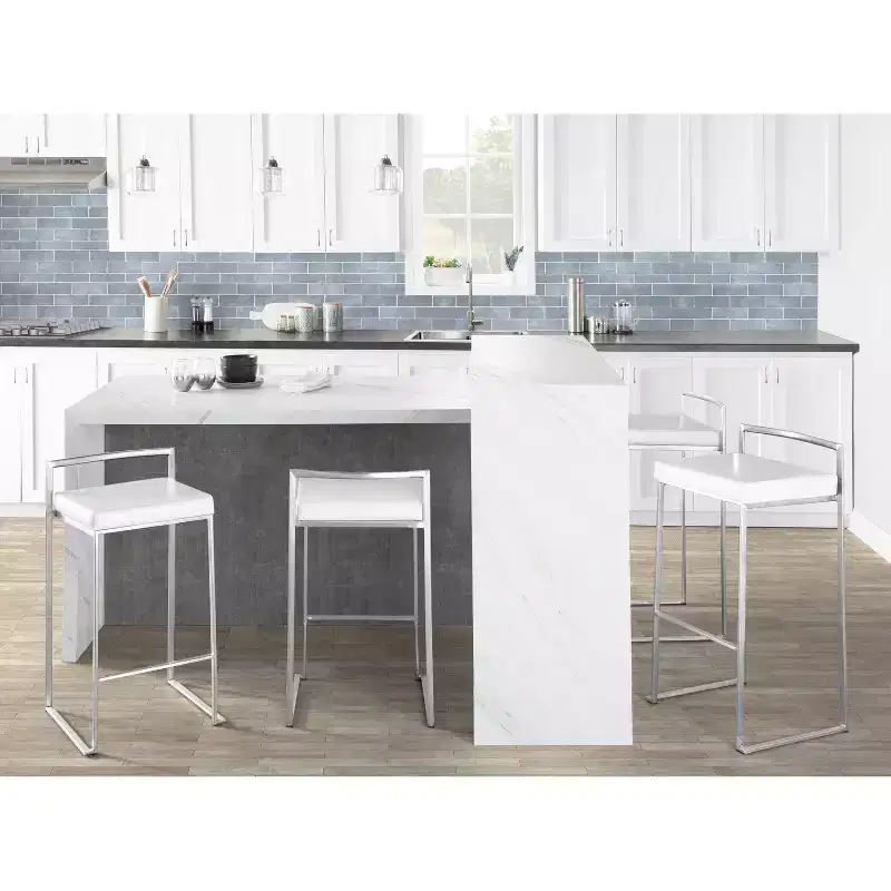LumiSource Set of 3 Fuji Stacker Counter Height Barstools Stainless Steel/White PU