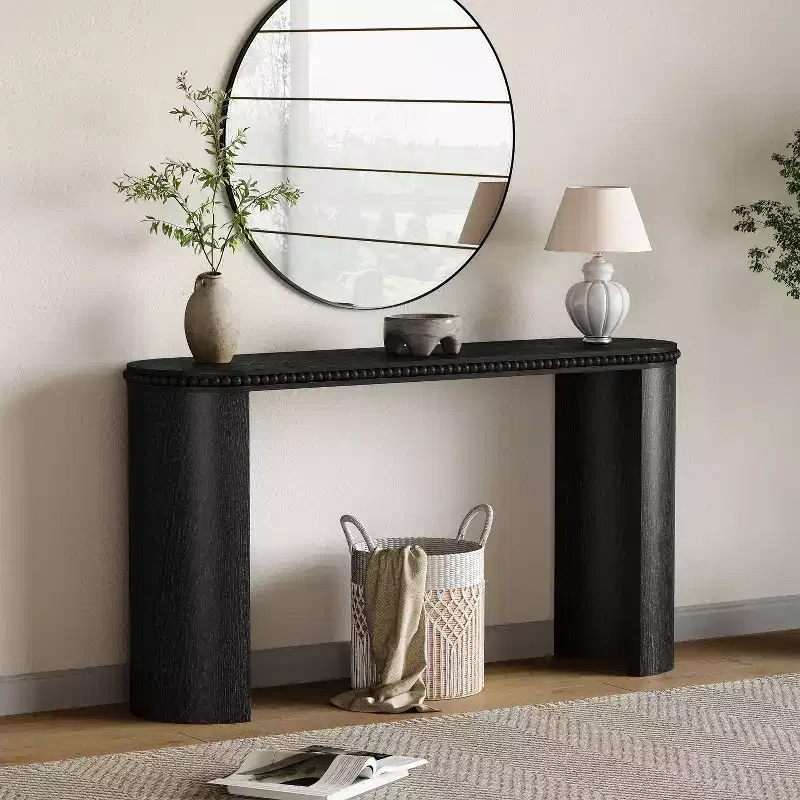 Vintage Console Table with Beaded Trim & Reversible Curved Legs – Black / Brown